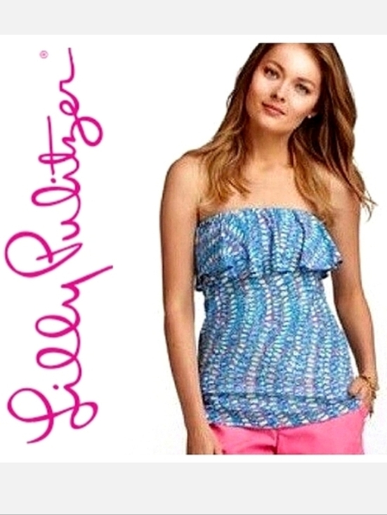 Lilly Pulitzer Tops - Lilly Pulitzer 100% Cotton Wiley Strapless Top in Blue Multi Clam Jam Sz M